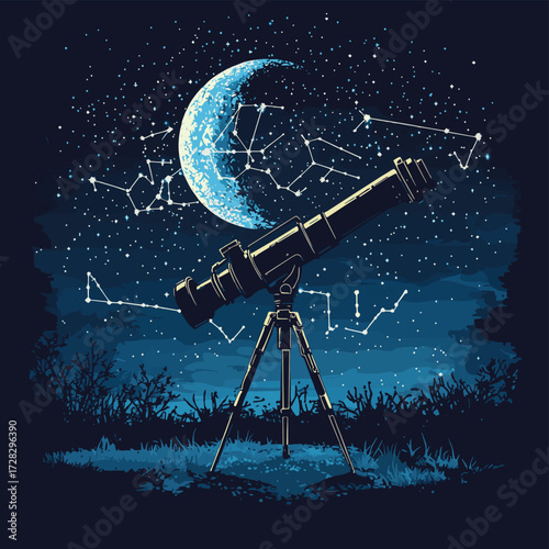 Telescope with star map under night sky and crescent moon background showcasing astronomy and science exploration concept in creative light style