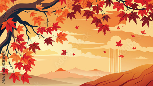picturesque autumn scene showcasing vivid red maple leaves against a warm, blurred background..eps