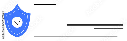 Blue shield with a white circle and checkmark, surrounded by text lines. Ideal for security, privacy, protection, trust, authentication, verification and compliance. Simple flat metaphor