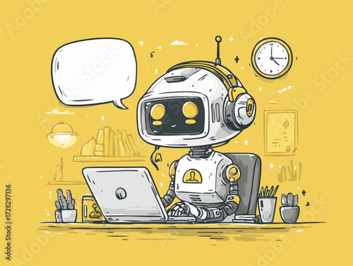 AIロボットがノートパソコンで作業し、思考を巡らせる様子を表現したイラスト