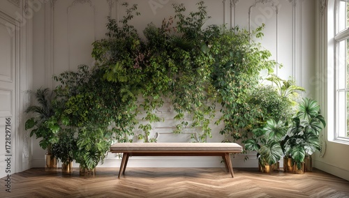 A sophisticated room displays a lush vertical garden and a light beige bench.