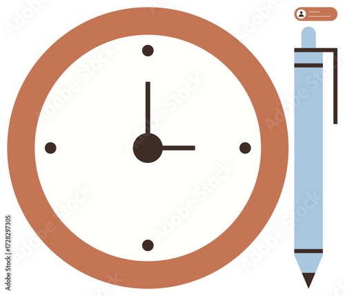 Clock showing time alongside a pen tipped with a user notification. Ideal for productivity, planning, time tracking, task organization, scheduling, work efficiency, study habits. Simple flat metaphor