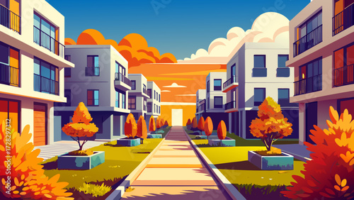 Modern apartment buildings with autumn trees and sunset sky