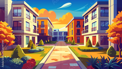 Modern apartment buildings with autumn trees and colorful sky