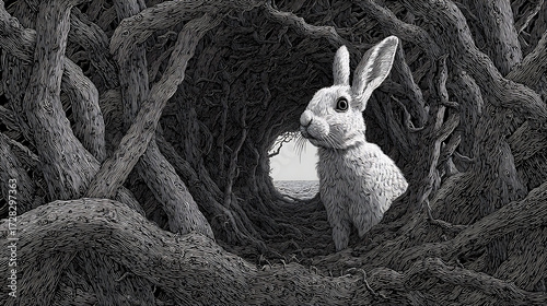 A single rabbit framed by a tunnel of twisted tree branches (3)
