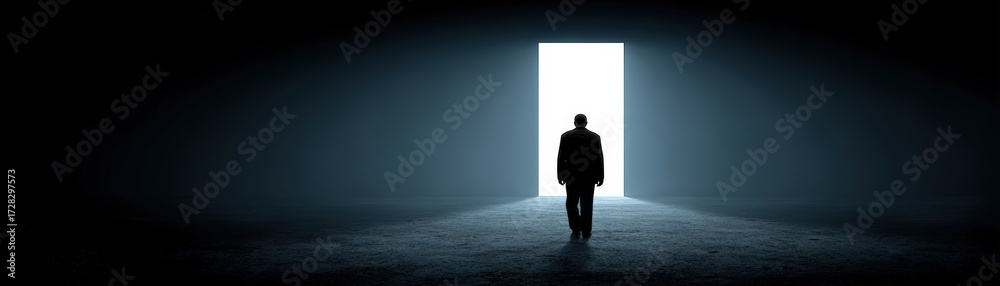 Fototapeta premium Man Standing in Front of Bright Open Doorway in Dark Room Creating Dramatic Shadow and Symbolizing New Opportunities or Challenges
