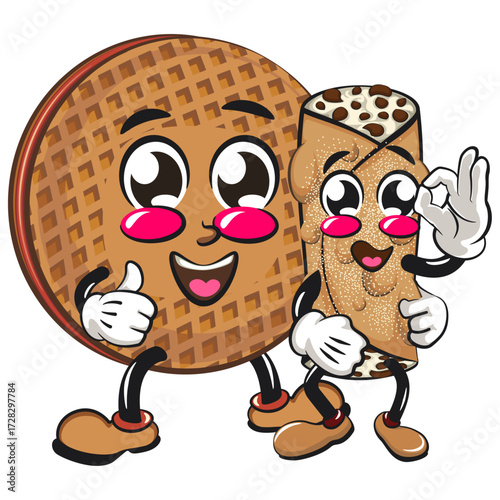 funny stroopwafel mascot character cute round waffle vector illustration pose with cannoli mascot character, work of hand drawn