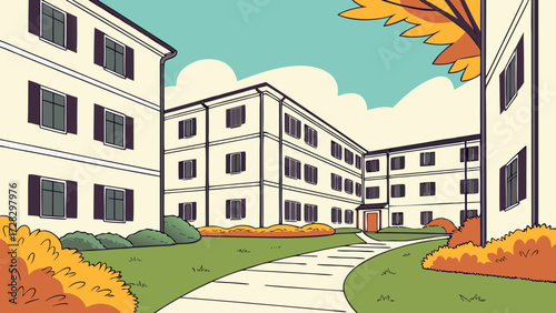 Apartment buildings with autumn foliage and a winding path