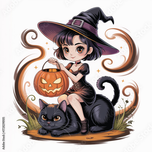 Spirited Halloween: A charming witch and her black cat, ready for trick-or-treating, with a jack-o'-lantern in hand. Capturing the essence of the spooky season and childhood fantasy.