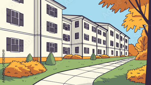Apartment buildings with autumn foliage and sidewalk