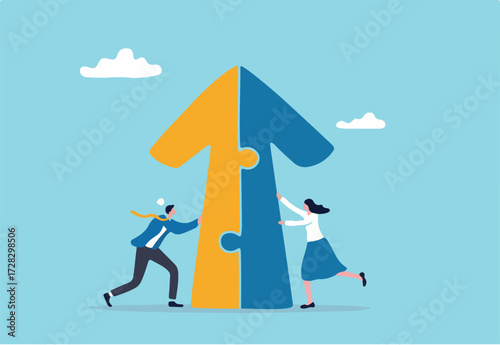 Merger and Acquisitions, partnership or work together, success puzzle, growth solution or cooperation, support or progress challenge concept, business people push arrow jigsaw to join to success