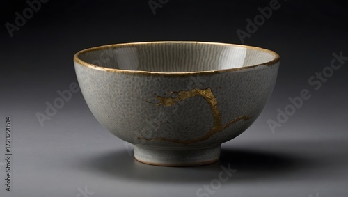 Studio shot of a grey Kintsugi bowl with golden repair lines on a neutral background, showcasing wabi-sabi aesthetics and minimalist design.
