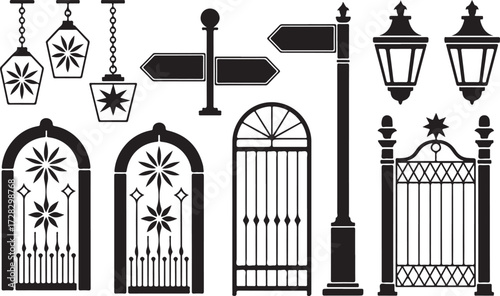 Assorted Gate and Lantern Silhouette Collection Isolated on Transparent Background for Architectural Projects