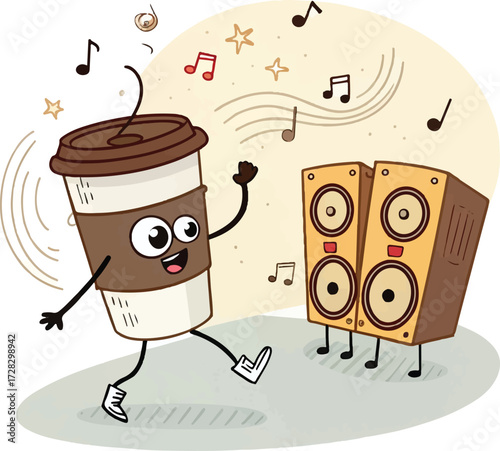 Cute coffee cup dancing to music with speakers, fun cartoon illustration of energy and happiness concept