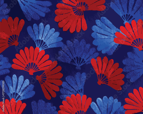 鮮やかな赤と青の扇子が青い背景に散りばめられた、日本の伝統的な模様のベクターイラスト