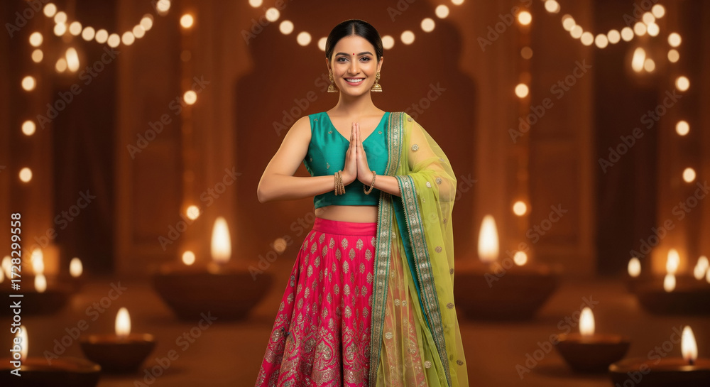 Fototapeta premium young indian woman wearing traditional lehenga celebrating diwali festival