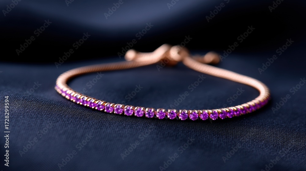 Fototapeta premium Jewellery Anklet Luxury concept. Elegant bracelet adorned with purple gemstones on a dark fabric background.
