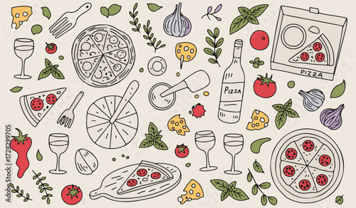 Delicious Italian Cuisine Vector Illustration with Pizza, Pasta, and Gourmet Food Elements
