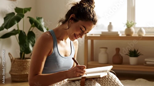 A young woman in a tank top writing in a journal while sitting comfortably in a cozy, well-lit room.