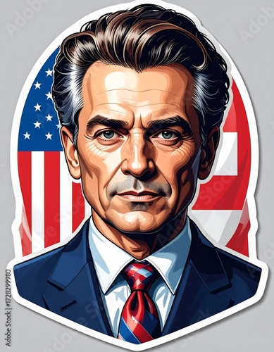 A stylized portrait of a man in a suit, set against a flag backdrop
