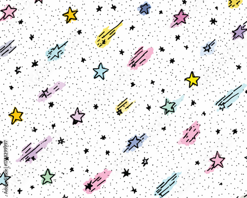 カラフルな星と流星が描かれた、宇宙をテーマにした手書き風ベクターパターン