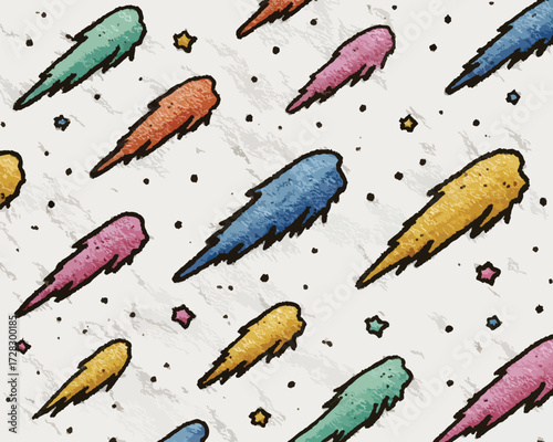 鮮やかな色彩の彗星や流れ星が、手描き風のテクスチャが施された背景にランダムに配置された、宇宙の神秘と遊び心を融合させたダイナミックなシームレスベクターパターンイラストレーション。