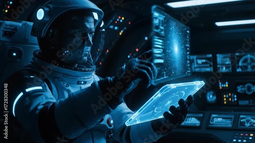An astronaut in a space suit interacts with a transparent futuristic digital tablet inside a spaceship cockpit.