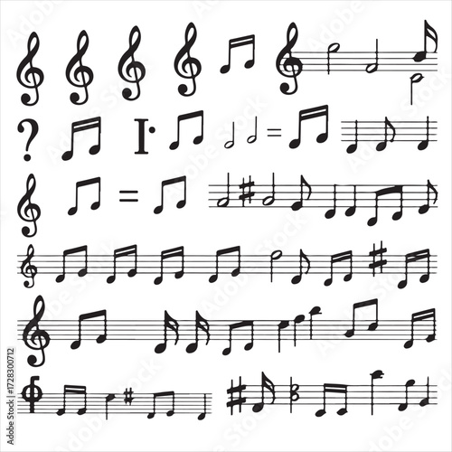 Doodle musical notes and symbols. Hand-drawn clefs, sharps, flats, rests, dynamics, and accidentals for melody, rhythm, and composition. Vector sketch isolated set.