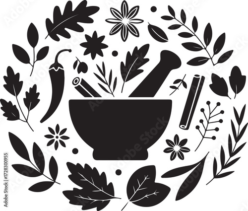 Herbal Medicine Mortar and Pestle Illustration Natural Remedy Elements Organic Herbs and Spices