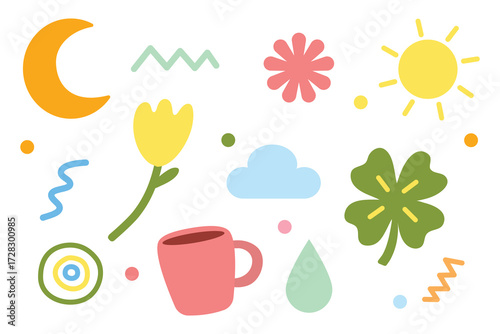 Set of cute abstract nature and cozy objects. Suitable for clip art, stickers, flat design illustration, etc