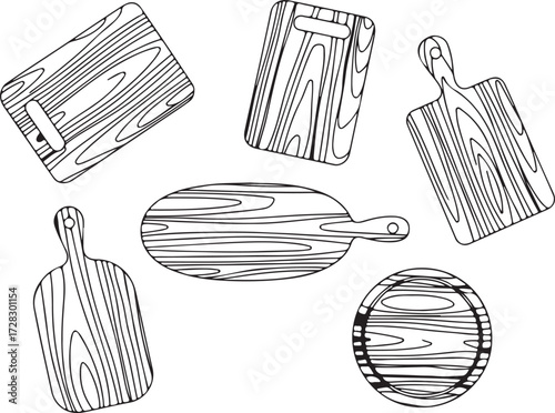 Cutting Board Outline Vector Illustration Set Wood Chopping Serving Board Drawing Isolated Transparent Background