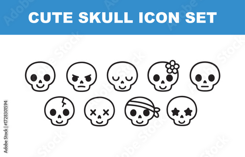 Cute Skull Icon Set: Eight Playful Line-Art Skull Faces for Halloween, Emojis, and Design