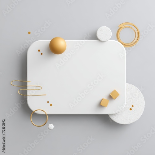 A clean, contemporary design featuring a white rectangular platform with geometric gold accents and abstract shapes.