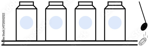 Four bottles on a conveyor with liquid being dispensed from a nozzle. Ideal for manufacturing, production, automation, process, efficiency, quality control, factory operations. Simple flat metaphor