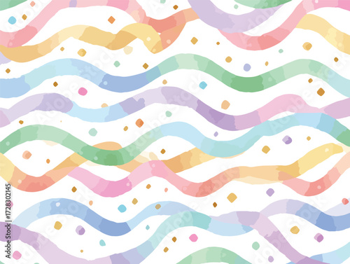 水彩風のカラフルな波模様と金色のドットが軽やかに踊る、楽しげなベクター背景イラスト
