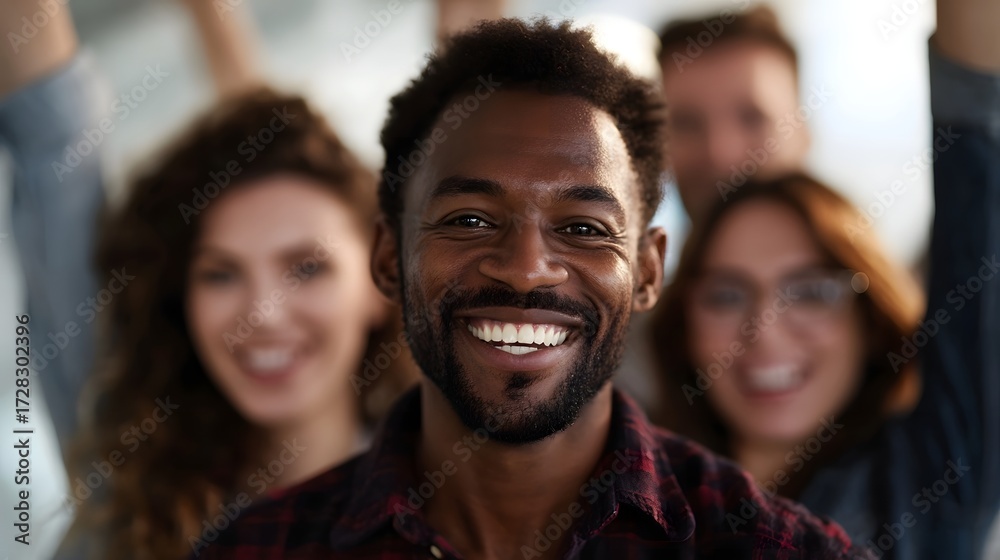 Fototapeta premium A diverse group of smiling colleagues celebrating a shared success radiating positivity in a bright energetic workplace environment