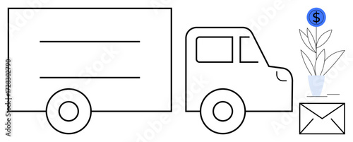 Delivery truck near envelope, plant with dollar symbol highlighting e-commerce, shipping, sustainability, finance. Ideal for business, logistics, eco-friendly, innovation growth commerce online