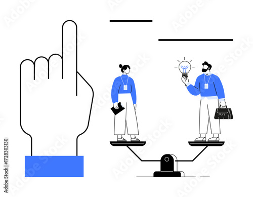 Hand gesture pointing decision focus, two professionals balancing ideas and skills, includes gender representation, fairness, workplace dynamics, equality, choice evaluation, teamwork. Simple flat