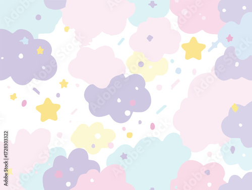パステルカラーの雲と星が浮かぶ、幻想的で可愛らしいベクター背景イラスト