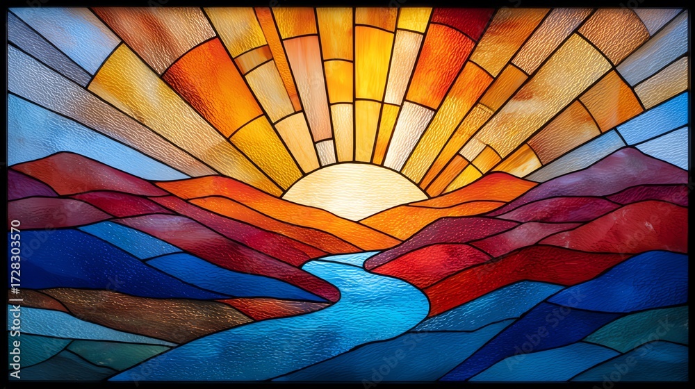 Obraz premium majestic mountain range in stained glass with a winding river and radiant sunrise
