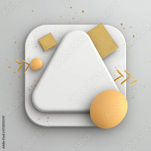 A sophisticated, geometric composition features a white, layered podium, accented with gold shapes and an orange sphere, creating a visually appealing and modern display.