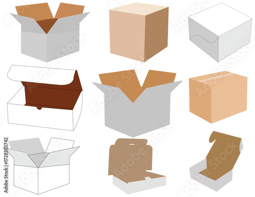 Cardboard Box Vector Set – Recyclable Packaging, Open & Closed Carton, Isometric 3D Icons & Design Elements