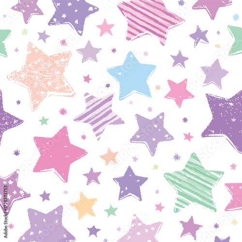 パステルカラーの星々が描かれた、かわいらしいシームレスパターン背景