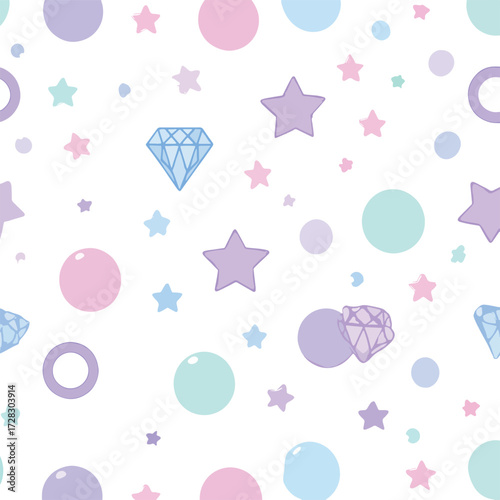キラキラ輝く星と宝石、丸が散りばめられた幻想的なパステルカラーのベクターパターン