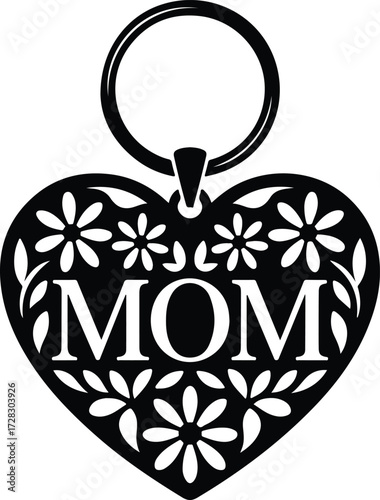 Elegant heart keychain with "MOM" and floral design