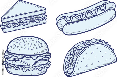 Fast Food Doodle Vector Set, Hand-Drawn Junk Food Icons for Restaurant Menu and Food Design