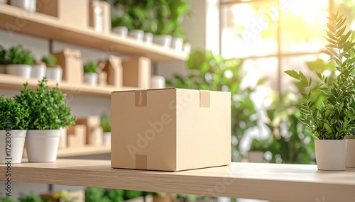 A rustic wooden box rests atop vibrant green plants, with delicate leaves peeking out from beneath, creating a harmonious blend of nature and decor.