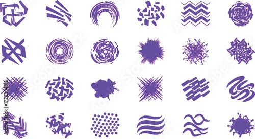 Vector art of assortment of vibrant purple abstract shapes and brush strokes