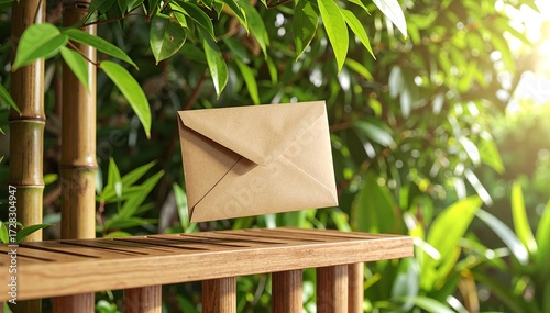 A weathered brown envelope rests on a rustic, aged wooden bench, showcasing its textured surface and natural grain, surrounded by a serene outdoor setting.