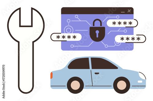 Blue car, wrench, and security interface with padlock highlight vehicle safety, repair, password security. Ideal for automotive security, car repair, cybersecurity, data protection maintenance